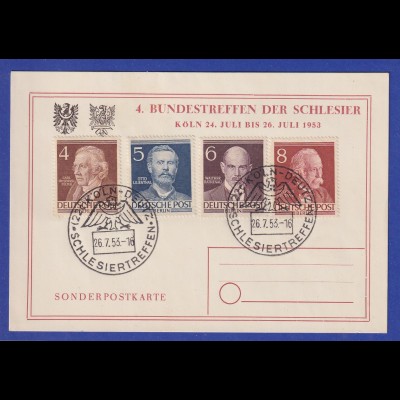 Berlin Männer 4 Werte mit So.-O auf Postkarte 4.Bundestreffen der Schlesier 1953