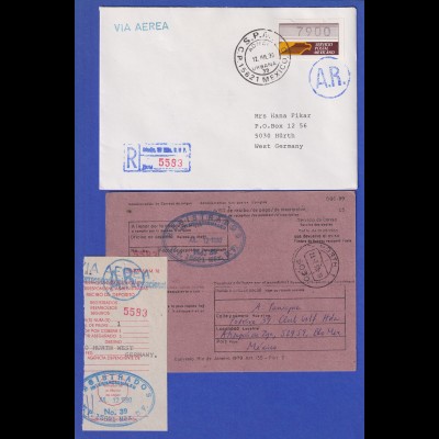 Mexiko Klüssendorf-ATM 1. Ausgabe x-Papier Wert 7900 auf R-Bf. mit Rückschein 