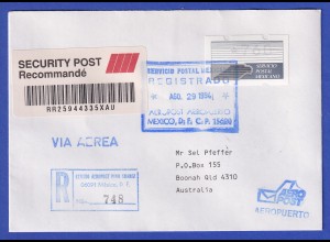 Mexiko Klüssendorf-ATM 2. Ausgabe Wert 760 auf R-Brief nach Australien 29.8.1994
