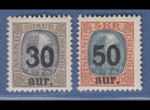 Island 1925 Freimarken mit lokalem Aufdruck Mi.-Nr. 112-113 sauber ungebraucht *