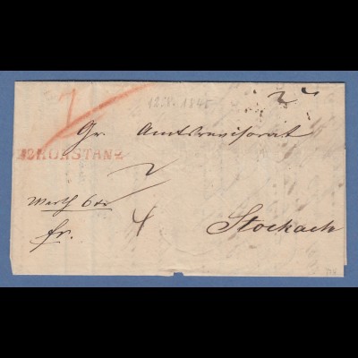 Vorphila Baden: R2 Konstanz in rot klar auf Brief gel. nach Stockach 1845