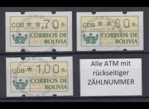 Bolivien / Bolivia ATM Satz 70-80-100 mit ET-O LP (La Paz) 2.3.89 mit Zählnummer