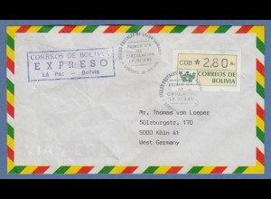 Bolivien / Bolivia ATM Wert 280 mit ET-O LP auf Express-FDC nach Deutschland