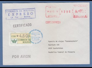 Bolivien / Bolivia ATM Wert 480 mit ET-O LP auf R-Expr.-FDC nach Deutschland 