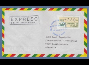 Bolivien / Bolivia ATM Wert 280 mit ET-O Sta. Cruz auf Lp.-Express-FDC n. D