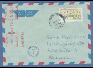 Bolivien / Bolivia ATM Wert 280 auf R-Brief nach D, Tages-O La Paz 13.6.89