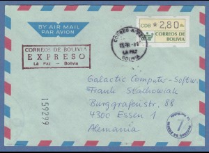 Bolivien / Bolivia ATM Wert 280 auf Expr.-Brief nach D, Tages-O La Paz 13.6.89
