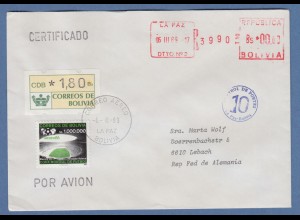 Bolivien / Bolivia ATM Wert 180 auf R-Brief nach D mit Tages-O La Paz 6.3.89