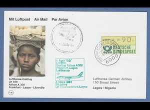 ATM 1.1 Wert 90 als EF auf Lufthansa-Erstflugbeleg nach Nigeria, O FFM 75 1.4.87