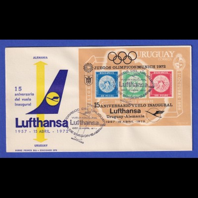 Uruguay 1972 Blockausgabe 15 Jahre Lufthansa-Flüge Mi.-Nr. Block 15 auf FDC