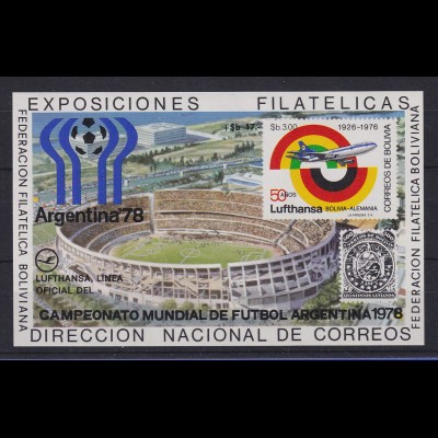 Bolivien 1976 Blockausgabe 50 Jahre Lufthansa / Fussball-WM Mi.-Nr. Block 79 **