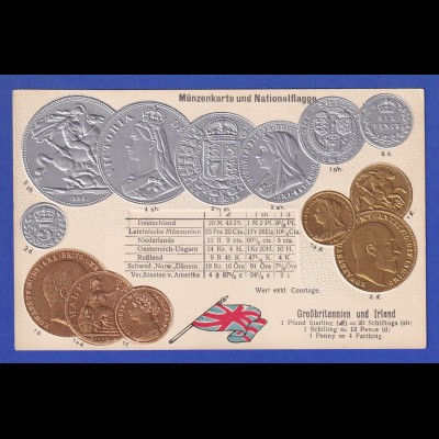 Historische Postkarte Münzen Britannien, edler Prägedruck, silber und golden ! 