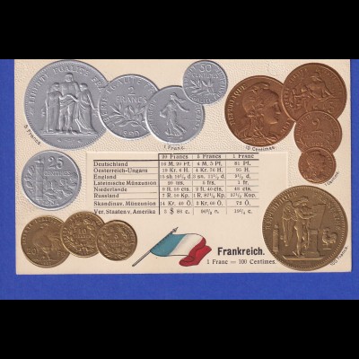 Historische Postkarte Münzen Frankreich, edler Prägedruck, silber und golden ! 