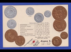 Historische Postkarte Münzen Japan I, edler Prägedruck, silber und golden ! 