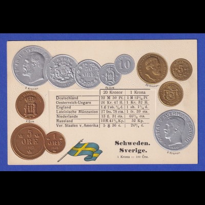 Historische Postkarte Münzen Schweden, edler Prägedruck, silber und golden !