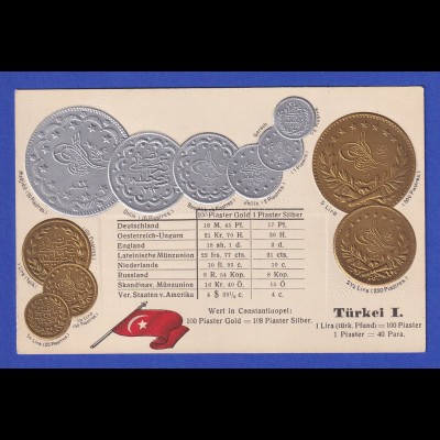 Historische Postkarte Münzen Türkei, edler Prägedruck, silber und golden !