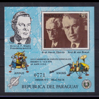 Paraguay 1976 Blockausgabe Hermann-Oberth-Gesellschaft Mi.-Nr. Block 285 **