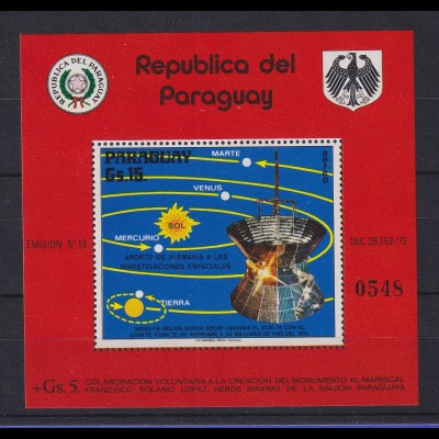 Paraguay 1974 Blockausgabe Forschungssatellit Helios Mi.-Nr. Block 251 **