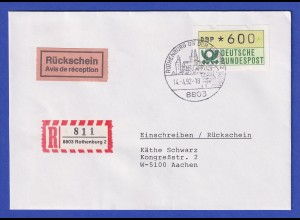 ATM 1.2 Typ N Wert 600 auf R-Rückschein-Brief, Ersttag 14.4.92, O Rothenburg 