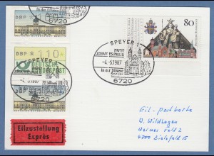 ATM Berlin Werte 100 / 120 auf Eil-Postkarte mit So.-O SPEYER Papstbesuch 1987