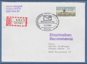 ATM Berlin Wert 330 auf R-Brief mit Sonder-O KÖLN 5.3.88 Cöllnposta `88