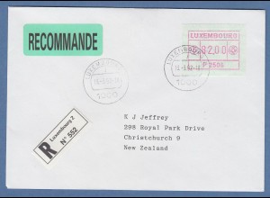 Luxemburg ATM P2506 Wert 82.00 auf R-Brief nach Neuseeland, O 13.3.92