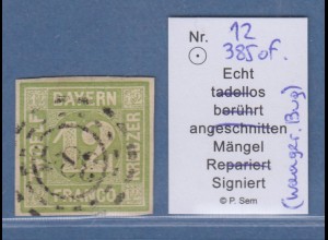 Bayern 12 Kreuzer gelbgrün Mi.-Nr. 12 mit OMR 385 gepr. Sem BPP 
