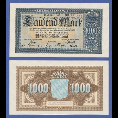 Banknote Bayern 1922, 1000 Mark in sehr guter, kassenfrischer Erhaltung ! 
