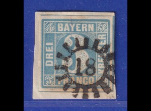 Altdeutschland Bayern 3 Kreuzer blau Mi-Nr. 2 II Mühlradstempel 18