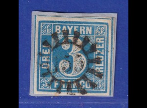 Altdeutschland Bayern 3 Kreuzer blau Mi-Nr. 2 II , Mühlradstempel 155