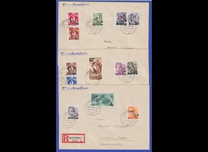 Saarland 1947 Aufdruck-Ausgabe Mi.-Nr. 226-238 Type II kpl. Satz auf 3 R-Briefen