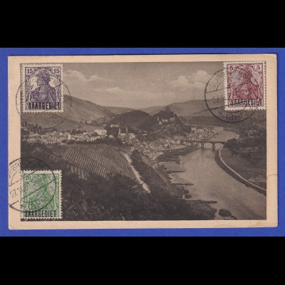 Saargebiet 27.11.1920 Mi.-Nr. 34, 44 und 46 bildseitig auf AK nach Österreich