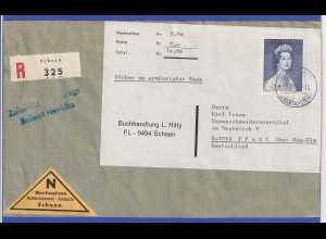 Liechtenstein 1960 Fürstin Gina 2Fr. Mi.-Nr. 402 auf R-NN-Büchersendung nach D