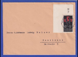 Saarland Rotes Kreuz 1955 Mi.-Nr. 360 Eckrandstück auf Brief O SAARBRÜCKEN gpr.