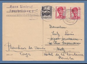 Saarland Freimarken Mi.-Nr. 241 und 242 auf Karte nach Metz, nachgesandt