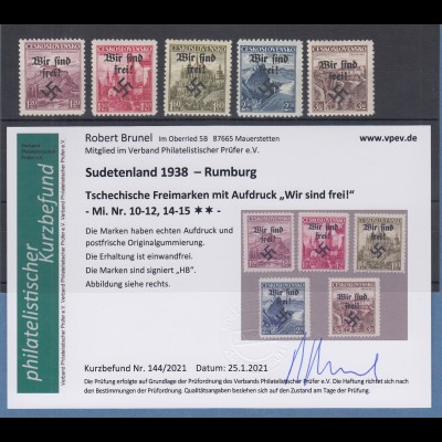 Dt. Besetzung 2.WK Sudetenland Rumburg Mi.-Nr. 10-12, 14-15 ** Befund Brunel VPP