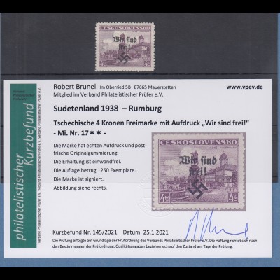 Dt. Besetzung 2.WK Sudetenland Rumburg Mi.-Nr. 17 ** mit Befund Brunel VPP