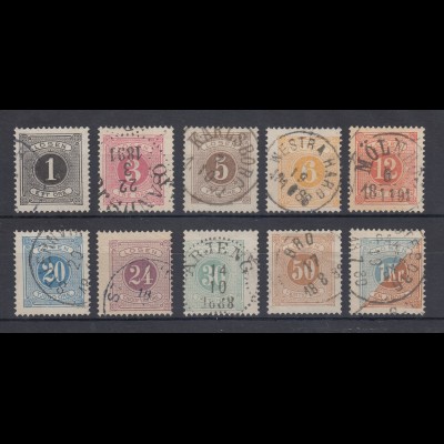 Schweden 1877-91 Portomarken gez. 13 Mi.-Nr. 1-10 B Satz kpl. gestempelt