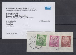 Bundesrepublik Heuss-lumogen Mi.-Nr. 179y,181y,186y auf Briefstück , KB Schlegel
