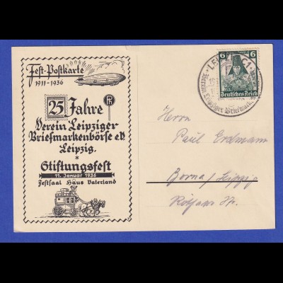 Dt. Reich 1936 Festpostkarte 25 Jahre Briefmarkenbörse Leipzig mit So-O , gel.