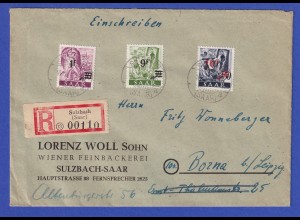 Saarland Mi.-Nr. 228, 234, 235 II auf R-Brief von Sulzbach nach Borna, 1948