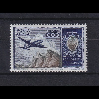 San Marino 1954 Flugpostmarke 1000 Lire Mi.-Nr. 512 postfrisch **