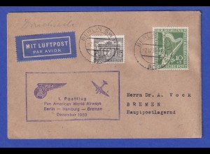 Drucksache von Berlin mit 1. Postflug PAN AM nach Bremen 2.12.1950 