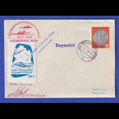 Postsegelflug ELCHINGEN-HORNBERG 12,7.1958 Luftsportring Aalen Bergfalke D-8159
