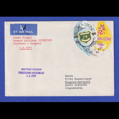 Sierra Leone Brief befördert mit Erstflug INTERFLUG Freetown-Belgrad 1.4.1971