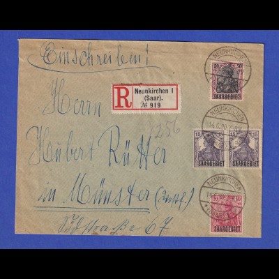 Saargebiet Germania Mi.-Nr. 33,34 und 38x auf R-Brief aus Neunkirchen 14.6.20