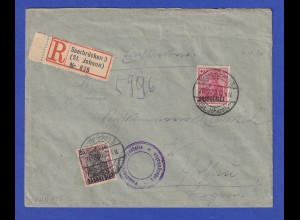 Saargebiet R-Brief mit Germania Mi.-Nr. 38x und 48, O SAARBRÜCKEN 21.12.20
