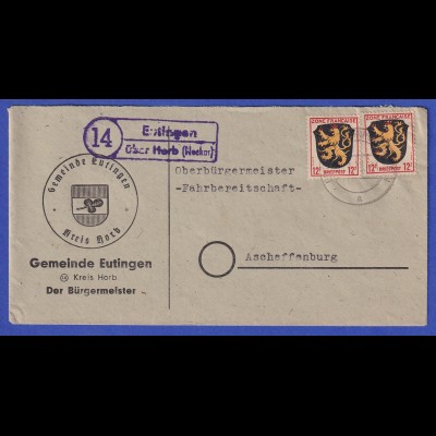 Französische Zone Wappen 12 Pfg Paar auf Brief aus Eutingen über Horb, 30.4.46