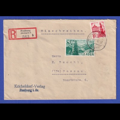 Franz. Zone Baden Mi-Nr. 12 in MIF auf R-Brief aus Freiburg 6.11.47 n. Passau