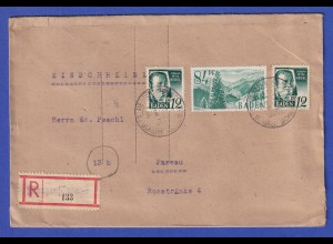 Franz. Zone Baden Mi-Nr. 12 in MIF auf R-Brief aus Menzgenschwang 31.8.47 